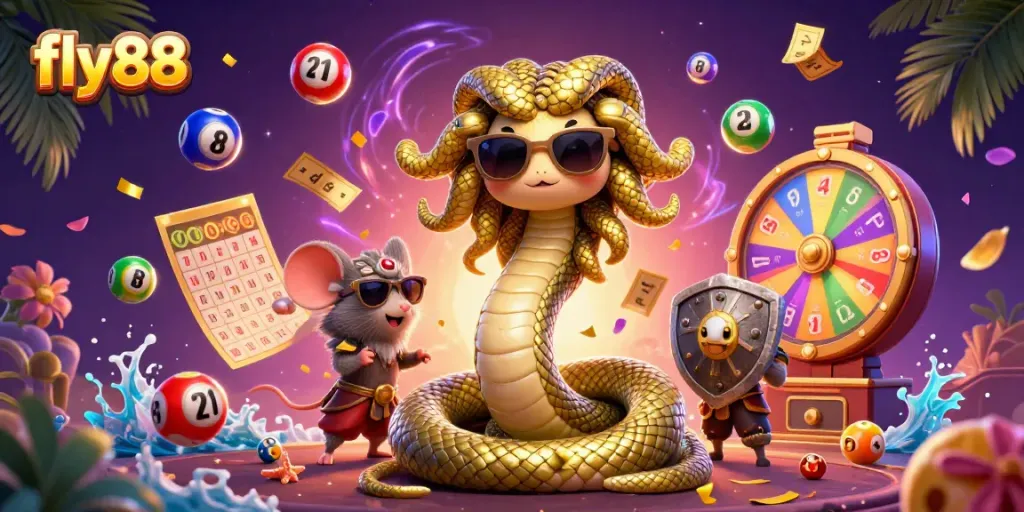 Experience the excitement of fly88 with a vibrant 3D scene featuring Medusa and a warrior mouse in a casino.