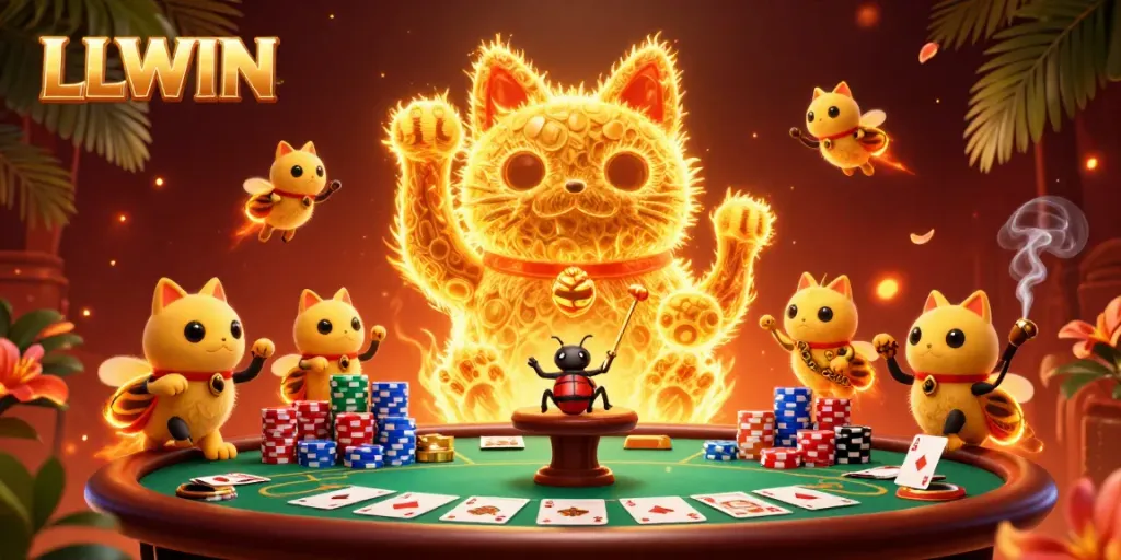 Spin and win at LLWIN with vibrant casino symbols and a playful lucky cat illustration.
