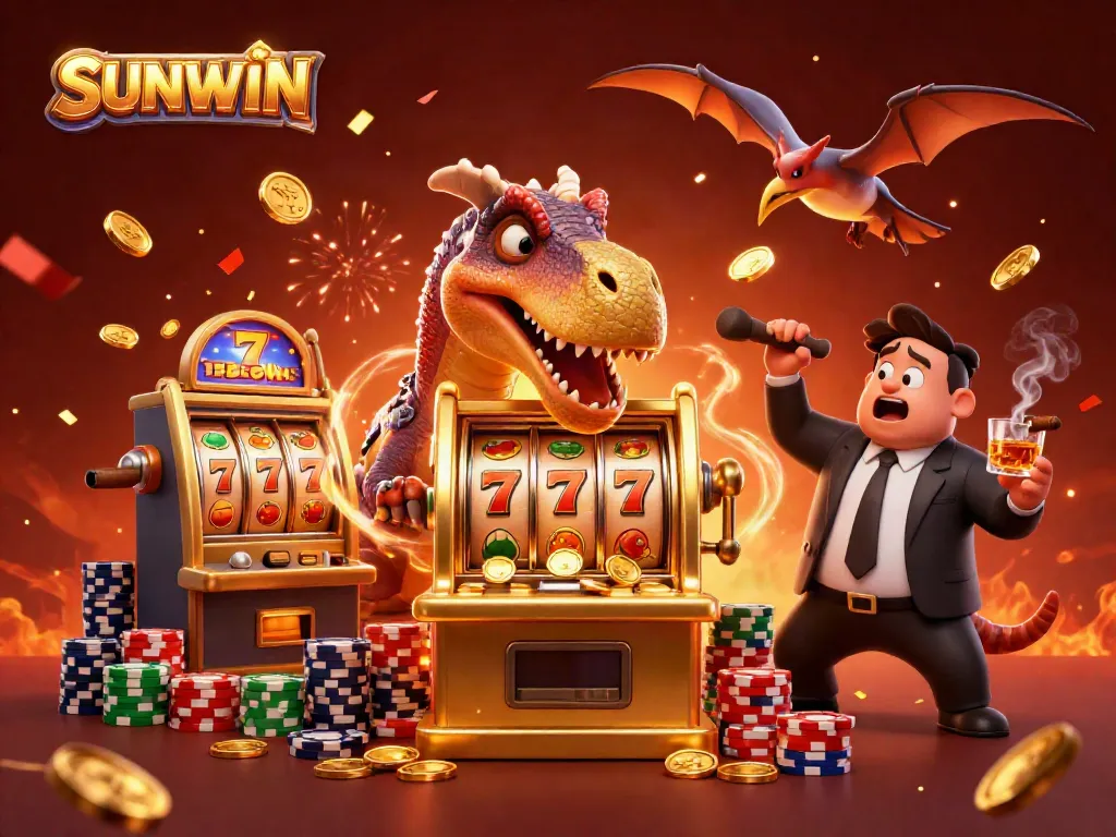 SUNWIN's thrilling casino scene with a dinosaur and vibrant slots celebrating a jackpot.