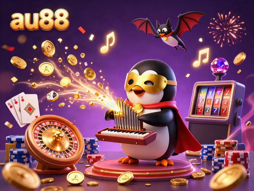 Experience the lively casino world with au88, featuring a penguin playing a golden organ amidst dazzling coins and cards.