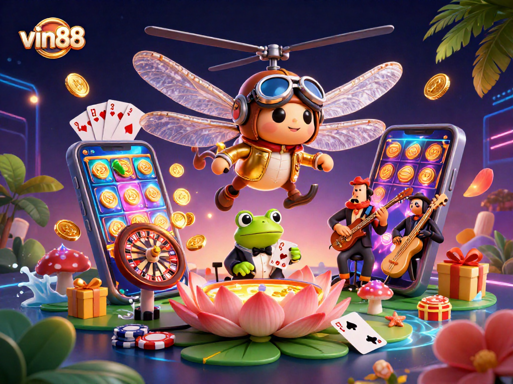 Experience winning thrills with vin88 in this vibrant 3D casino illustration featuring exciting games.