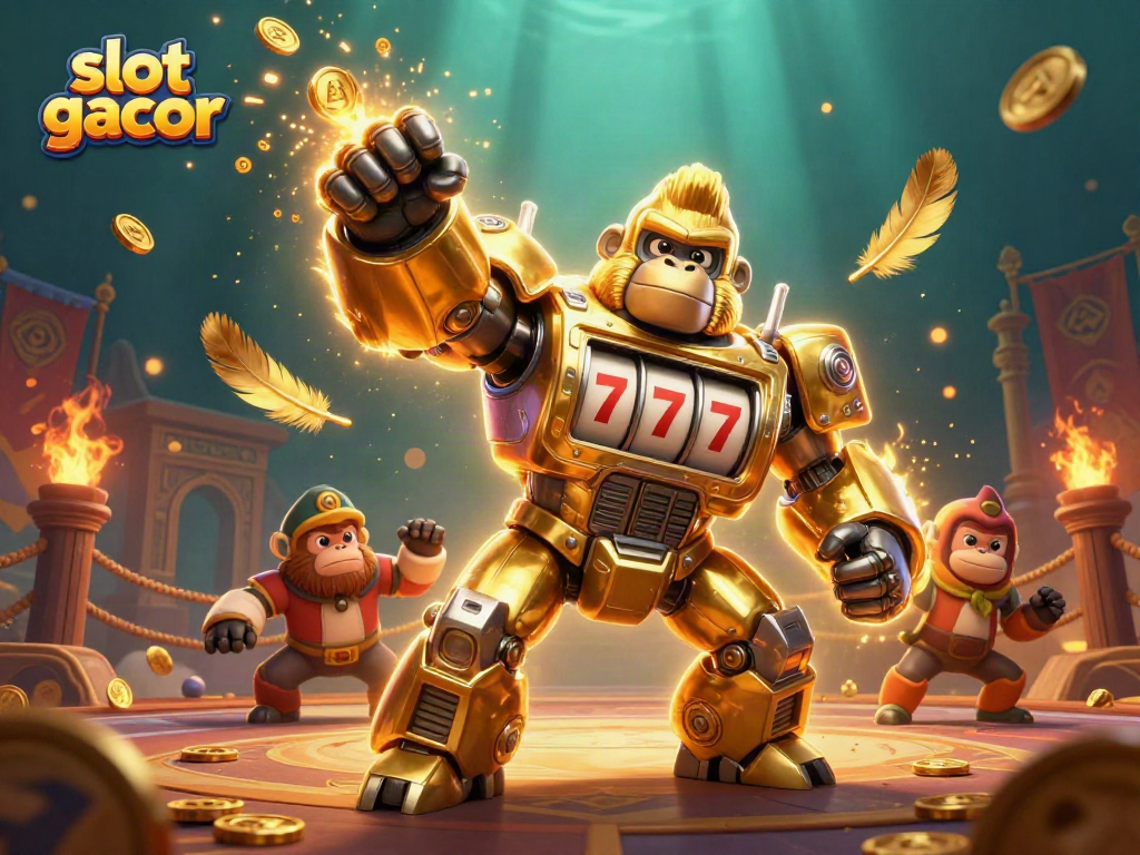 Experience the excitement of slot gacor with a dynamic golden gorilla mech and coins bursting from the scene.