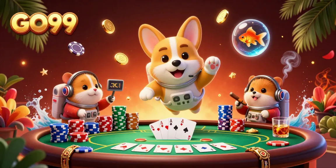Experience GO99 with a floating corgi astronaut amidst a casino scene brimming with vibrant poker elements.