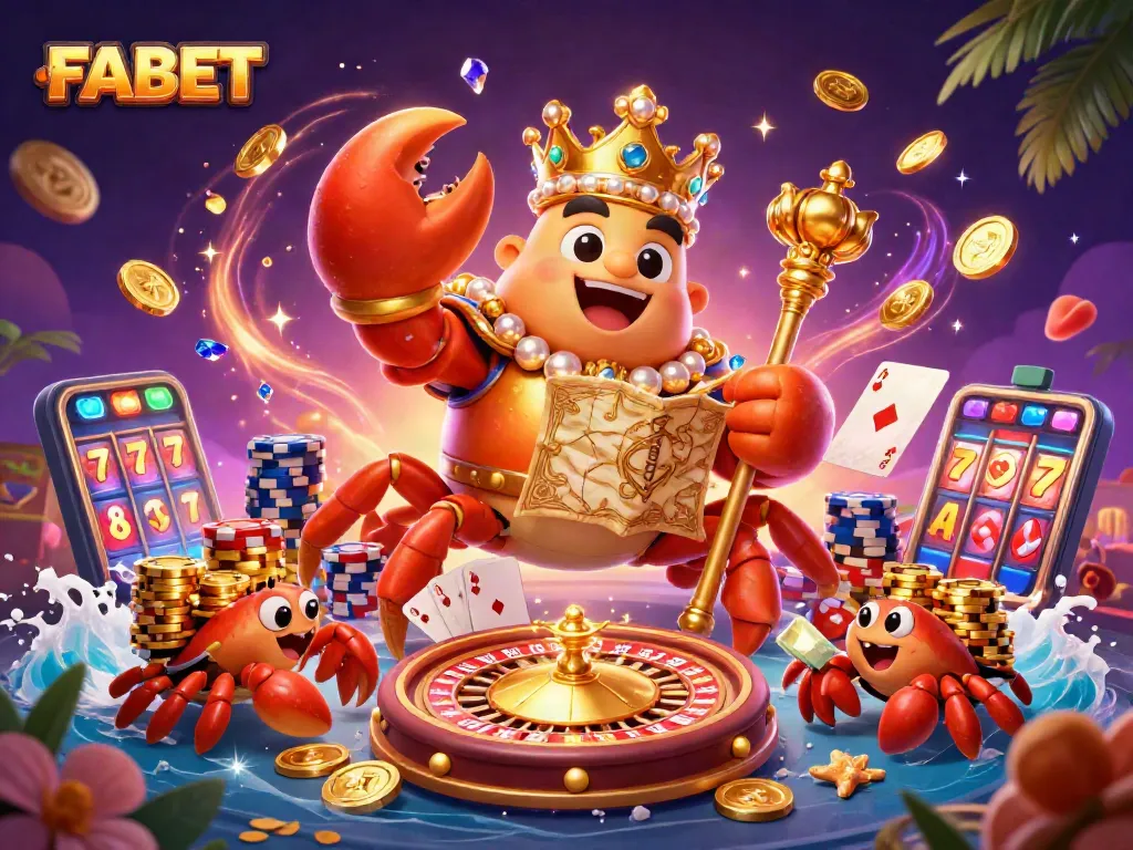Experience the thrill of gambling at FABET with a vibrant 3D illustration featuring games and treasures.