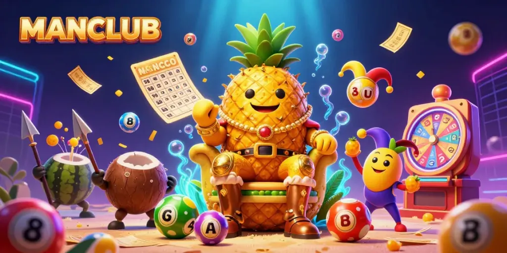Engage with MANCLUB in a vibrant beach casino scene featuring a golden pineapple king and dynamic lottery elements.