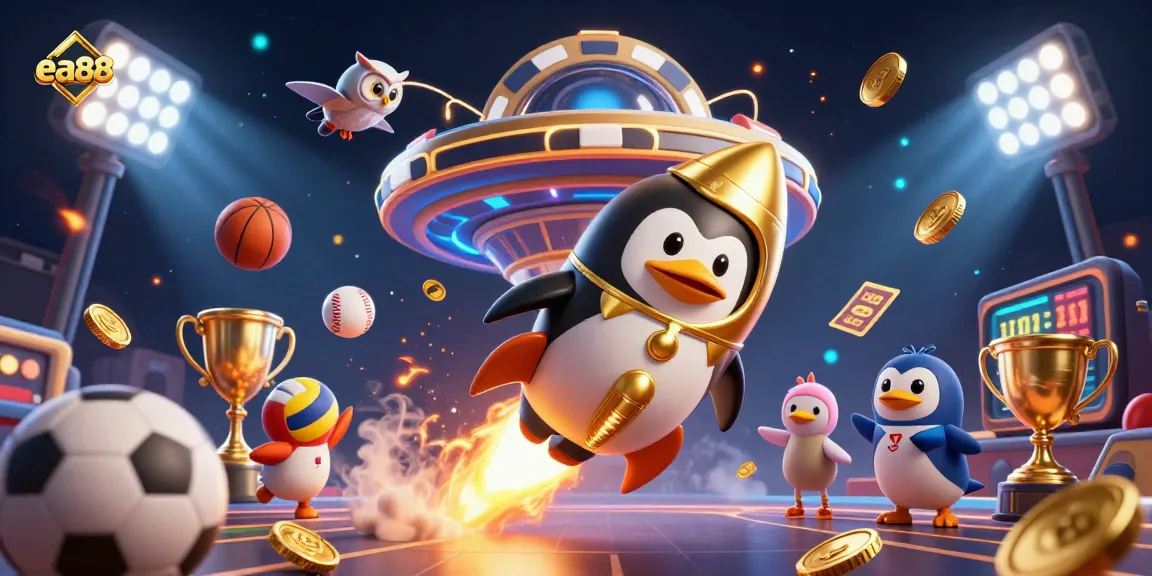 Experience thrilling gambling action with EA88 as the golden penguin rockets toward the casino!