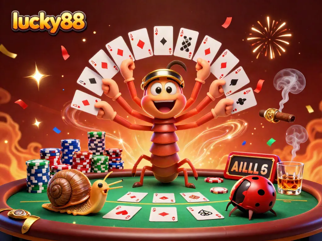 Experience the exhilarating atmosphere of lucky88 with a vibrant 3D casino scene featuring a millipede dealer surrounded by poker elements.