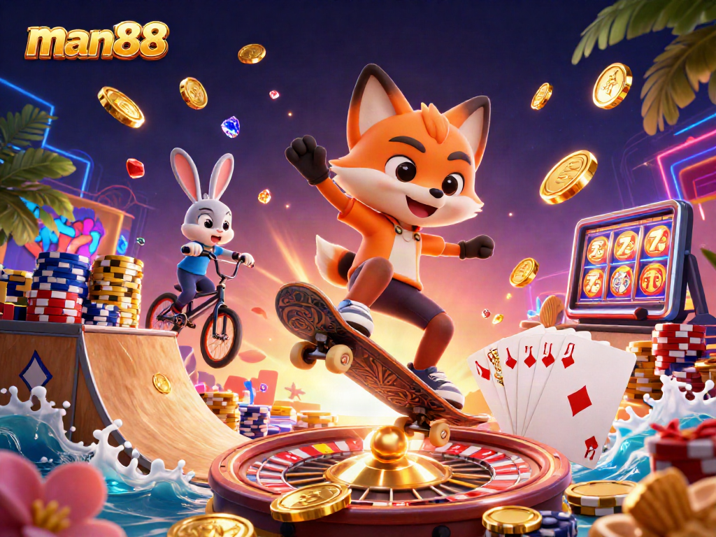 Watch man88’s exciting 3D cartoon scene with animated fox and rabbit showcasing casino-themed fun!