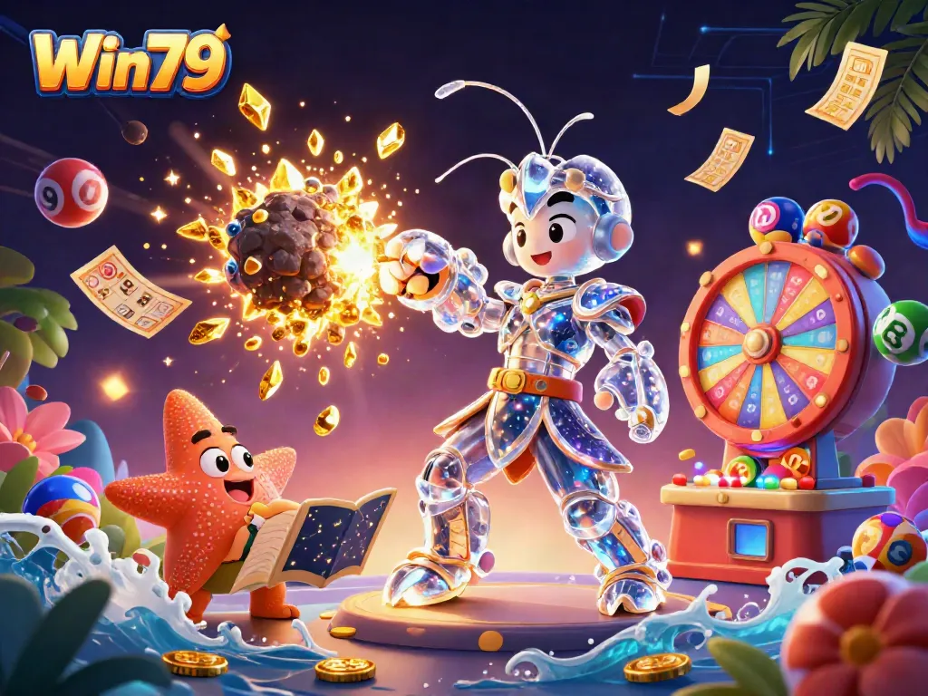 Win79 showcases a galactic samurai mantis shrimp amidst dynamic casino elements, promising a vibrant gaming experience.