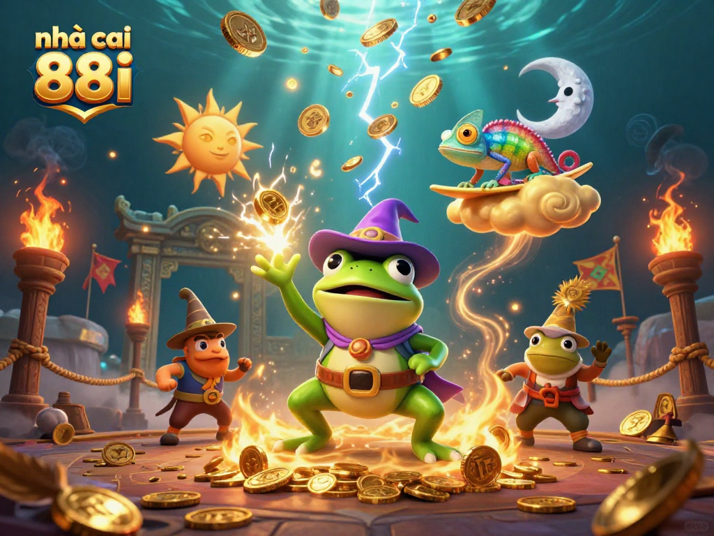 Join the excitement at nhà cái 88i with vibrant characters celebrating a jackpot of golden coins.
