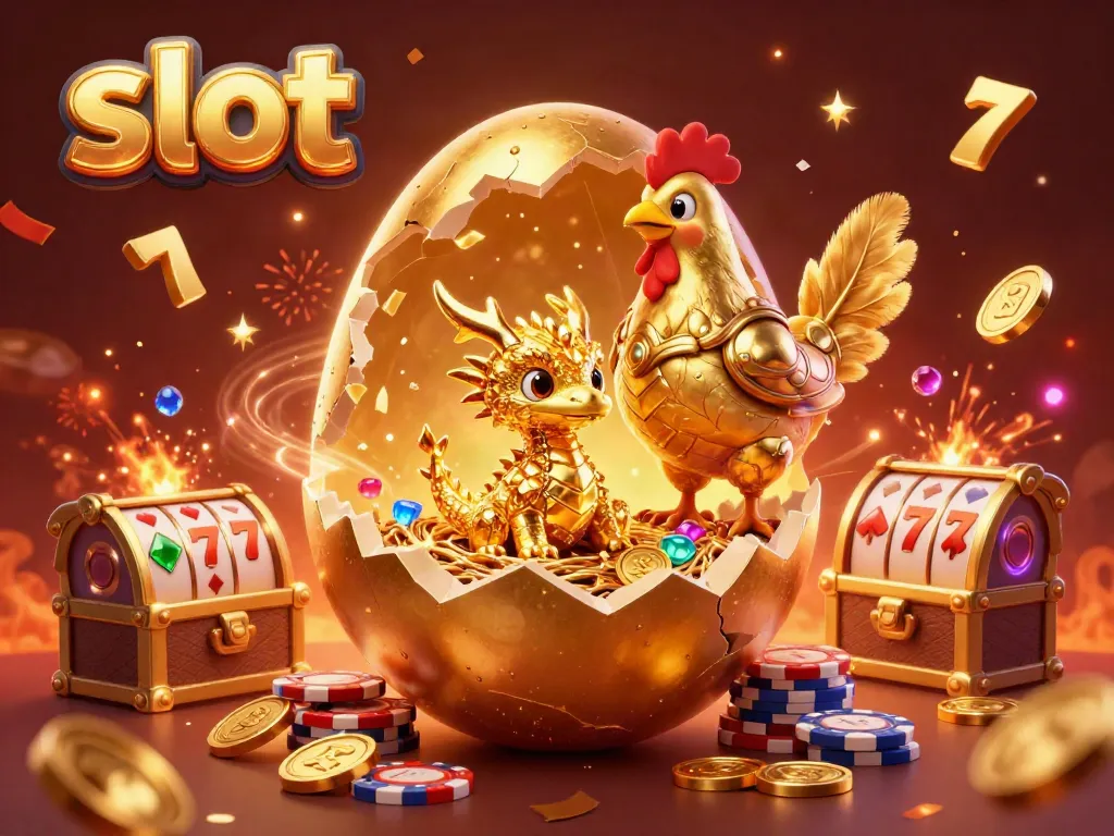 Experience thrilling slot action with a vibrant golden dragon emerging from a nest of poker chips surrounded by casino elements.
