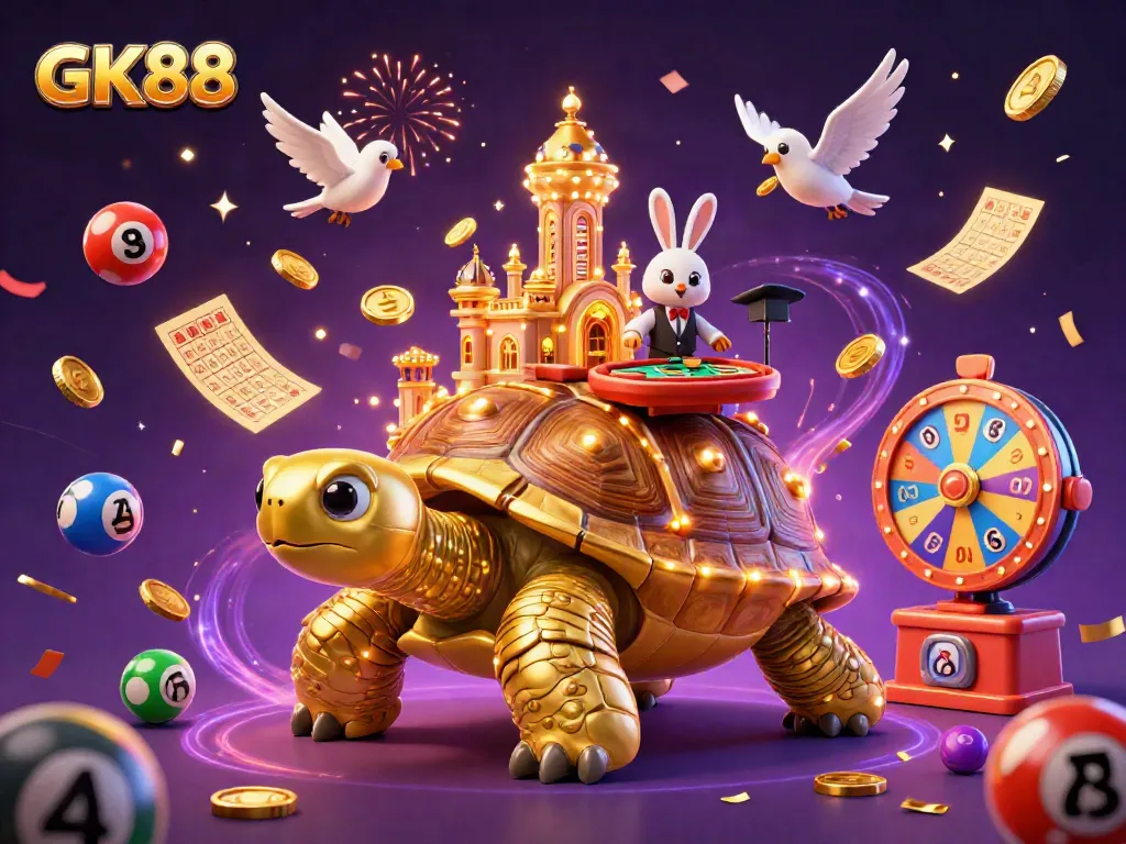 Experience the thrilling games at GK88 with a vibrant 3D casino scene featuring a golden tortoise, dealer, and dynamic lottery elements.