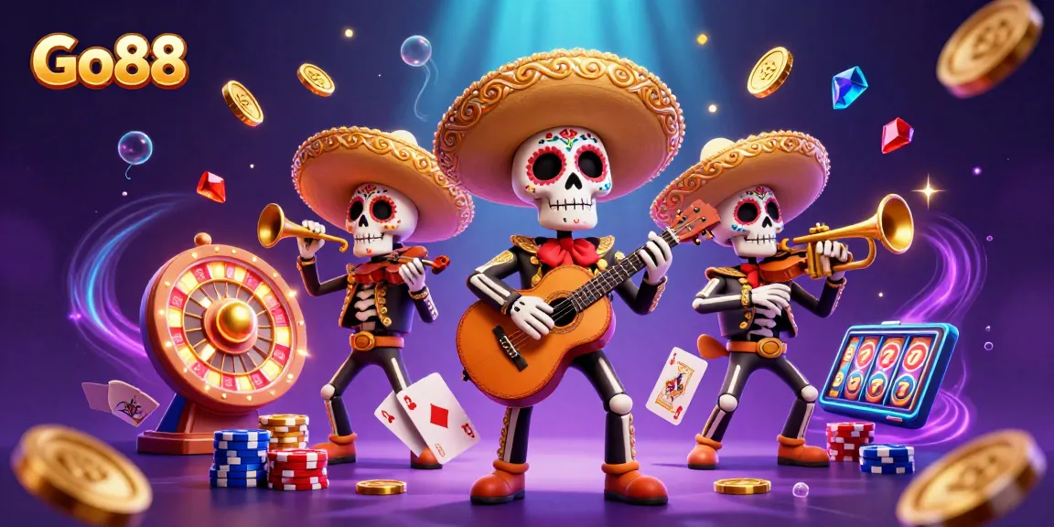 Experience the thrill of Go88 with vibrant casino elements and a lively mariachi band.