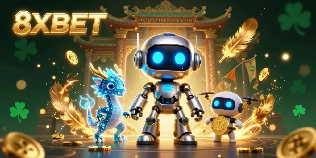 Engage with the thrilling 8XBET experience through a vibrant 3D casino scene featuring unique characters and dynamic betting symbols.
