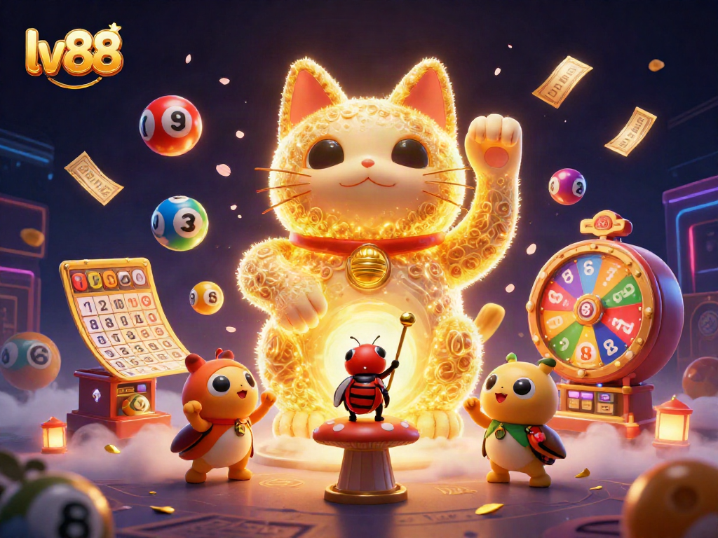 Engage with captivating lv88 casino elements featuring a vibrant scene of golden fireflies as a lucky cat surrounded by dynamic game symbols.