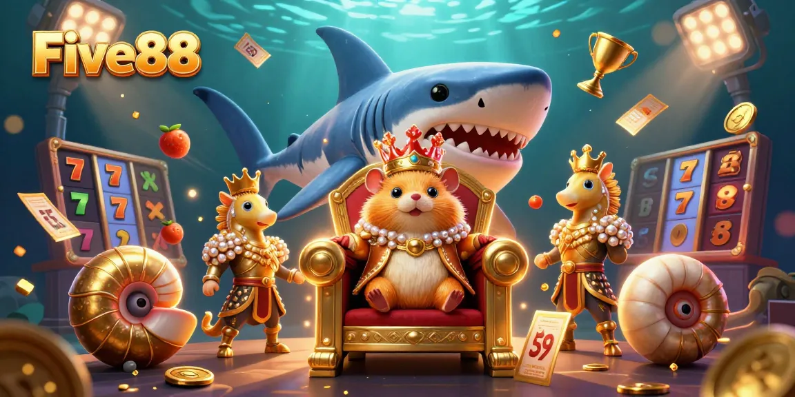 Experience the thrill of Five88 with a golden hamster king in a vibrant casino-themed underwater scene.