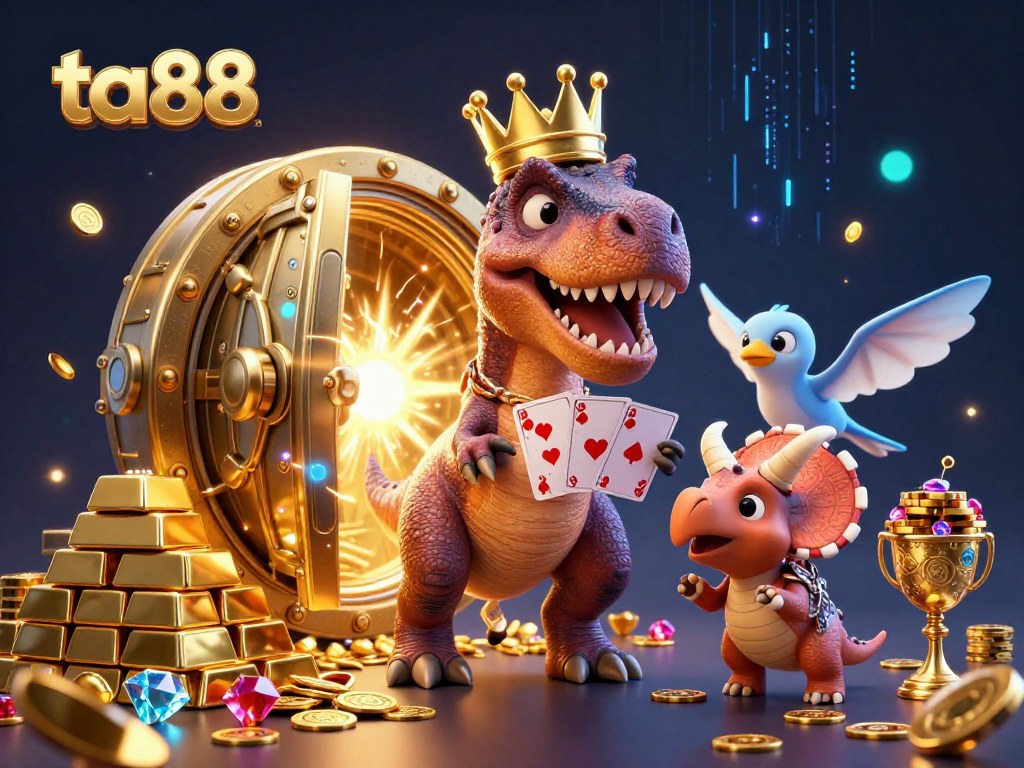 Join the excitement at ta88 as a fun T-Rex plays cards surrounded by treasures and vibrant casino elements.