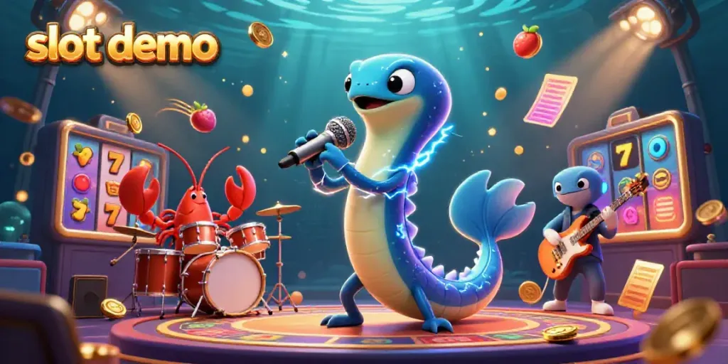 Mainkan slot demo dengan visual menarik dari ular listrik DJ dan band di latar kasino bawah air.