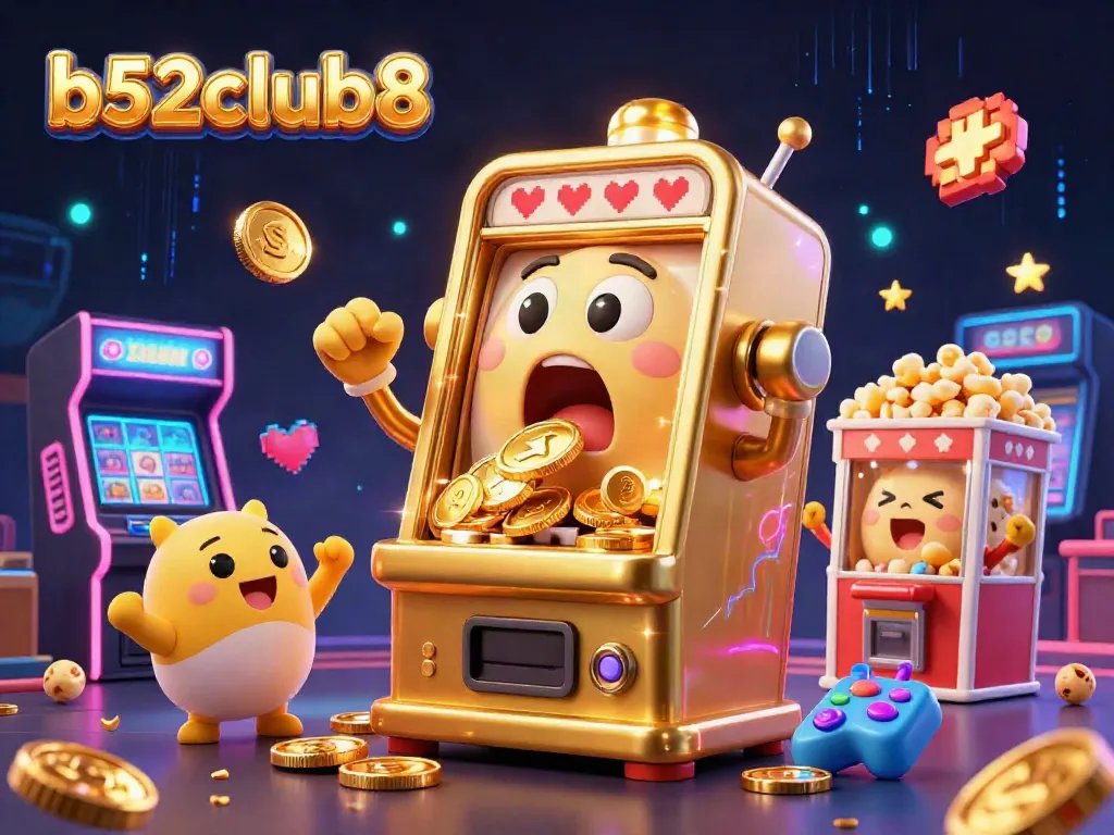 b52club8 showcases a joyful golden slot machine celebrating its jackpot, surrounded by cheering mini machines and arcade elements.