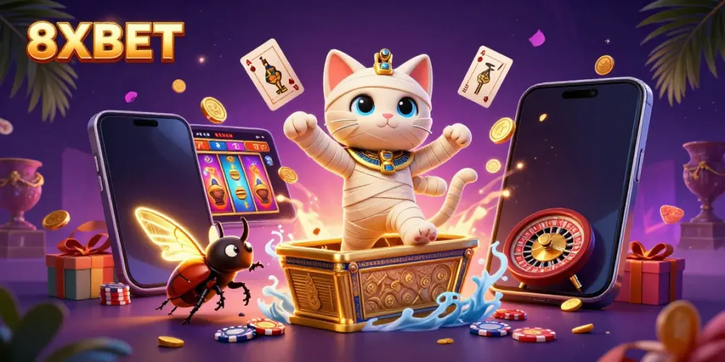 Engage with 8XBET's exciting world where a mummy cat and scarab fly amidst vibrant 3D casino elements.