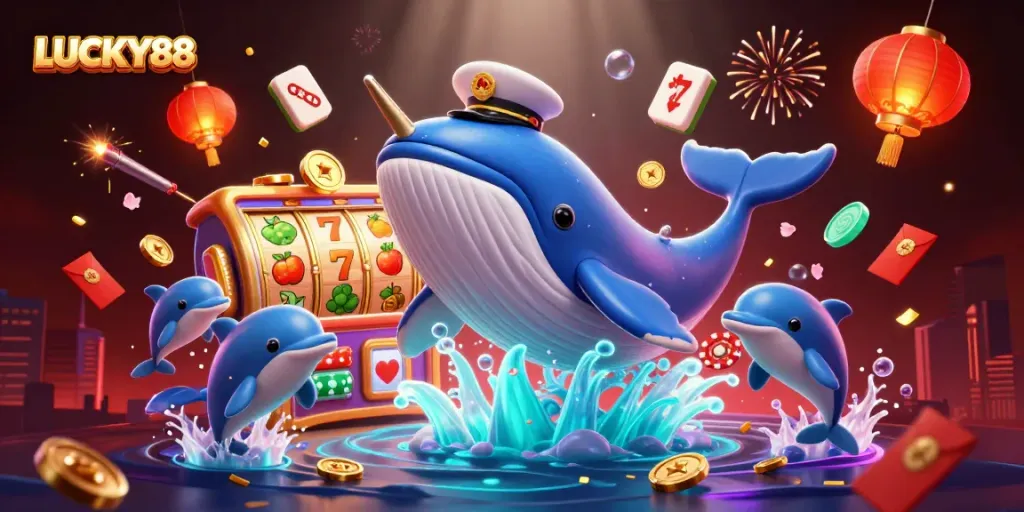 Experience LUCKY88 excitement with a cartoon whale, narwhal, and dolphins in an animated casino scene