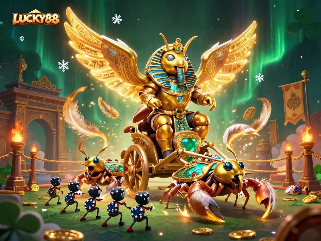 Spin to win with LUCKY88's golden scarab and scorpions in this thrilling casino scene.