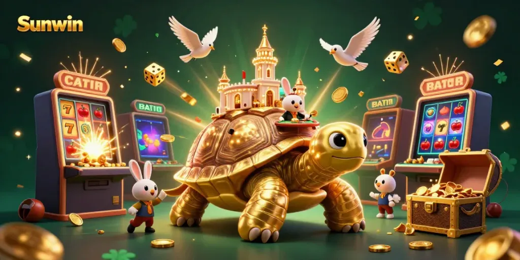 Sunwin showcases a vibrant 3D casino scene with a golden tortoise and bird dealers, illustrating exciting gaming action.