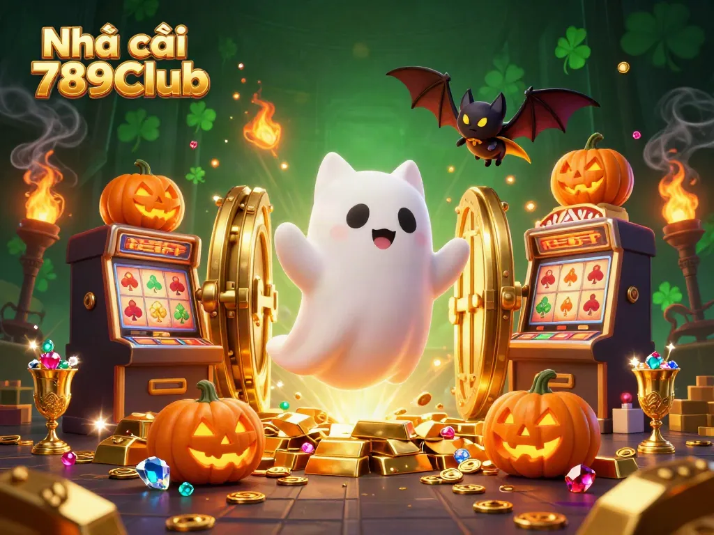 Engage with Nhà cái 789Club's thrilling atmosphere with a ghost cat and vampire bat in a vibrant casino scene.