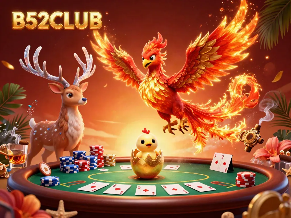 Experience the exciting world of B52CLUB with a fiery phoenix and rich casino elements in a vivid 3D scene.