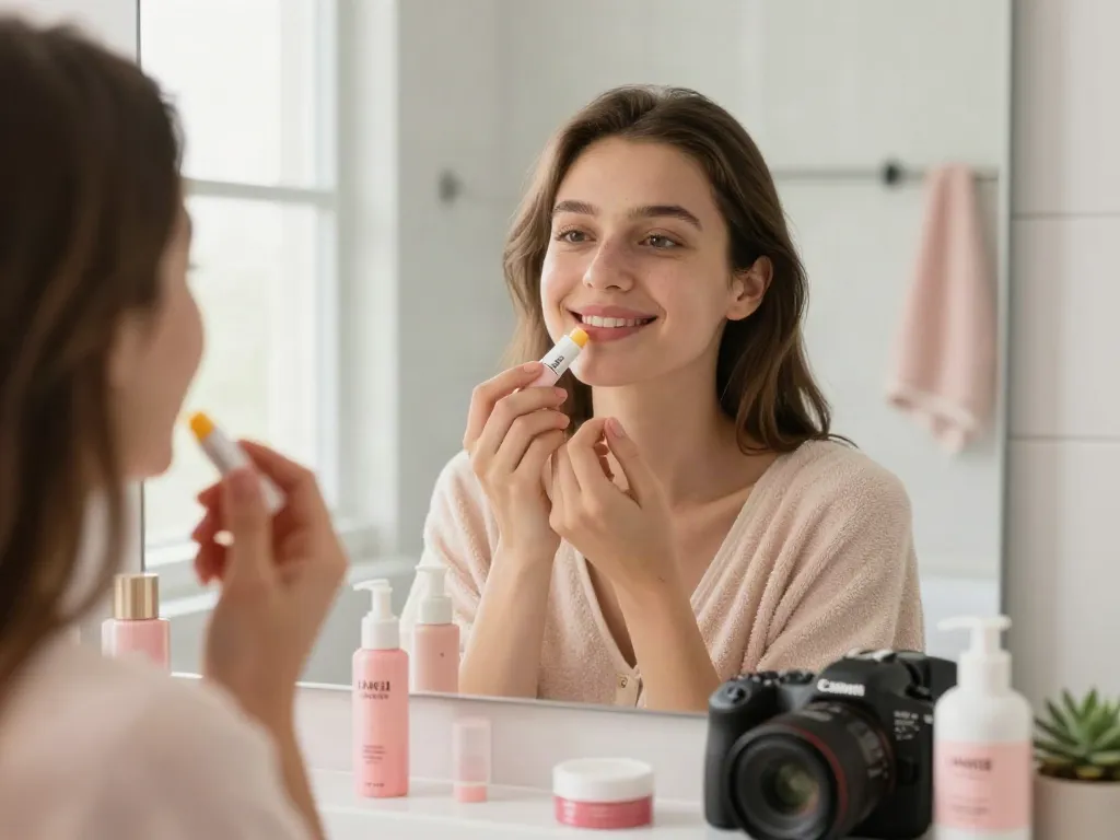 Het aanbrengen van Laneige lip balm met een glimlach in een moderne badkamer, sfeervol en uitnodigend.