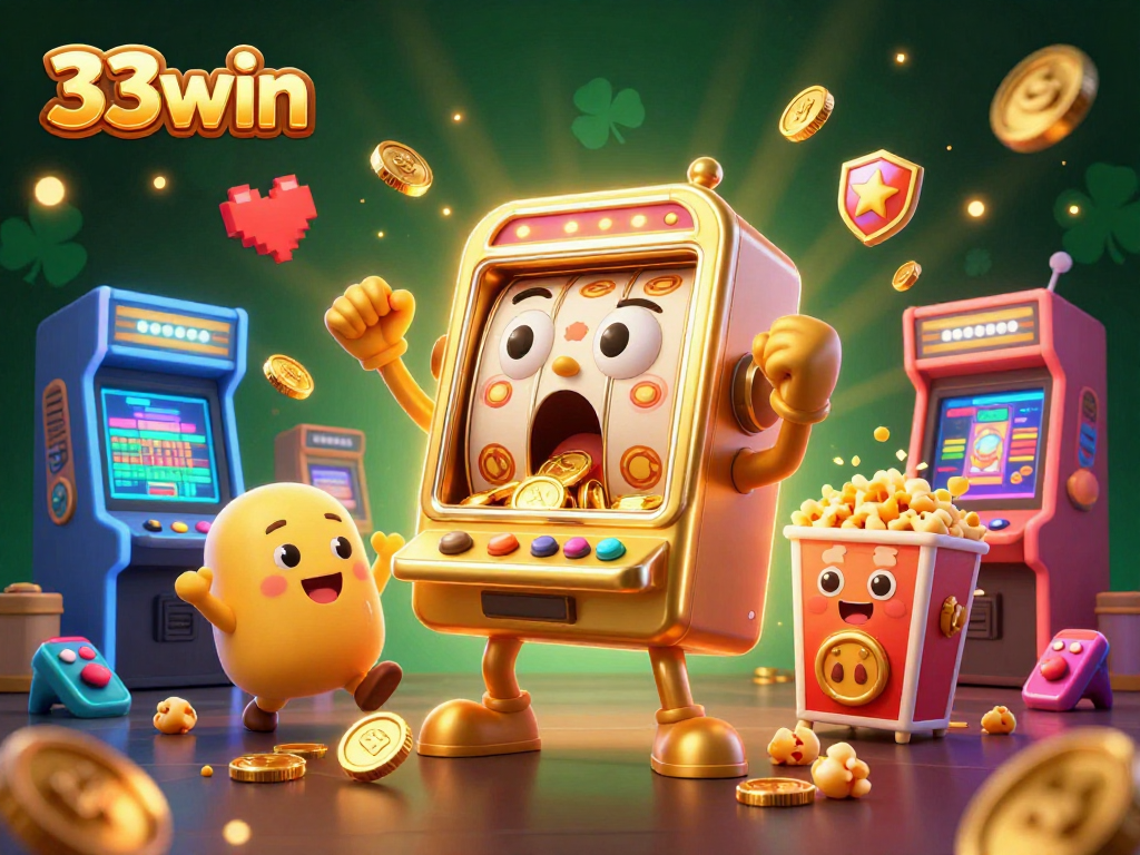 Experience the thrill of 33win with a vibrant 3D cartoon scene of slot machines celebrating a jackpot.