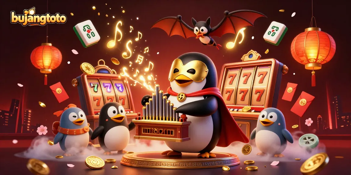 Bujangtoto excitement captured as a phantom opera penguin plays a coin-shooting organ amidst a vibrant casino scene.