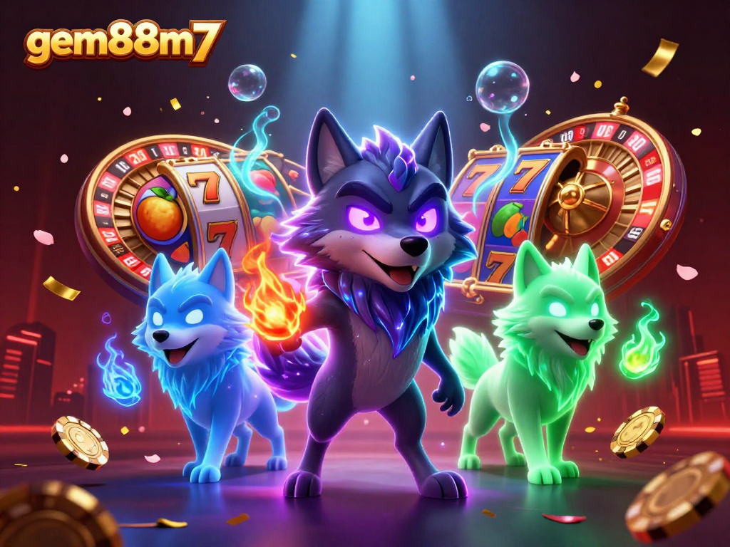 Play exciting games at gem88m7 featuring vibrant slots, poker chips, and roulette among enchanting visuals