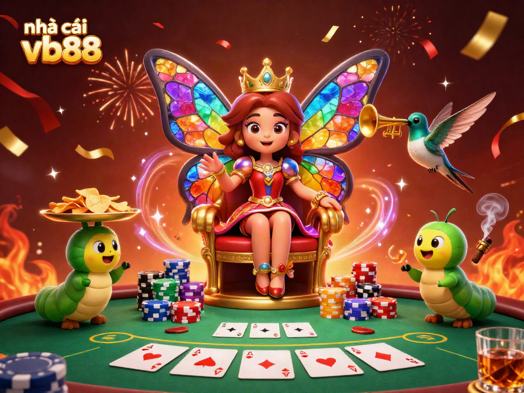 Engage with nhà cái vb88 in a vibrant poker scene featuring an enchanting butterfly queen.