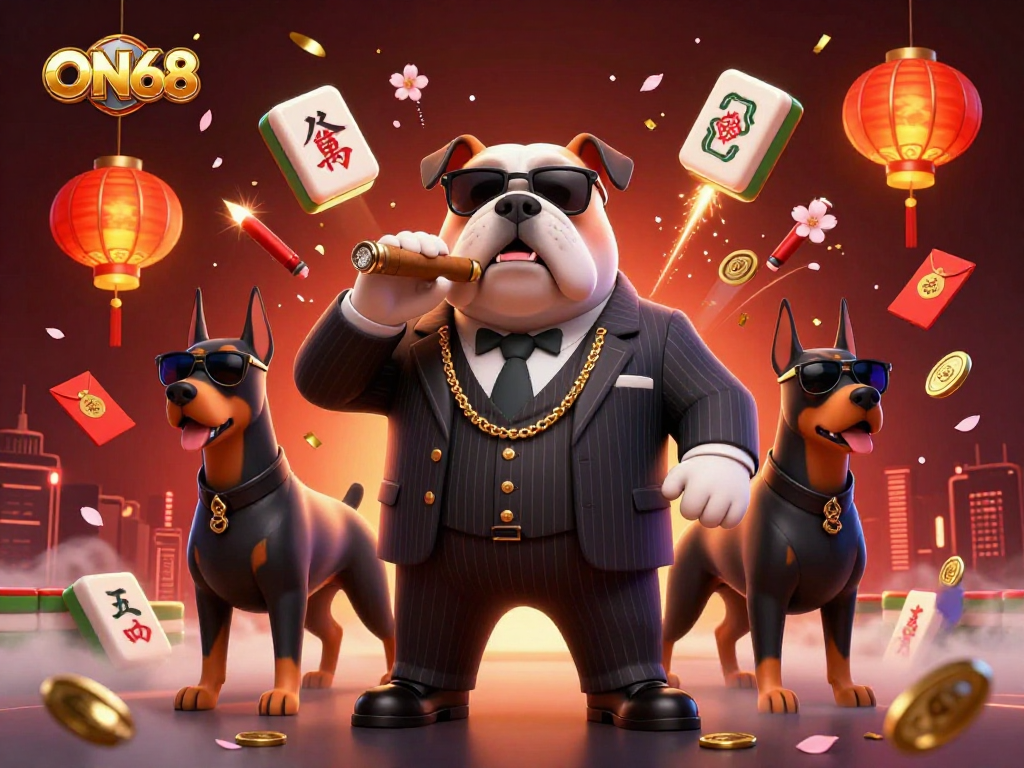 ON68 showcases a thrilling casino scene with a mafia bulldog and Doberman bodyguards amid vibrant gambling elements.