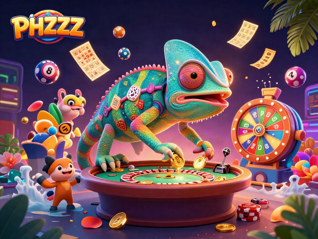 PHZZZ engages players with vibrant lottery balls and chameleon casino owner in a dynamic game scene.