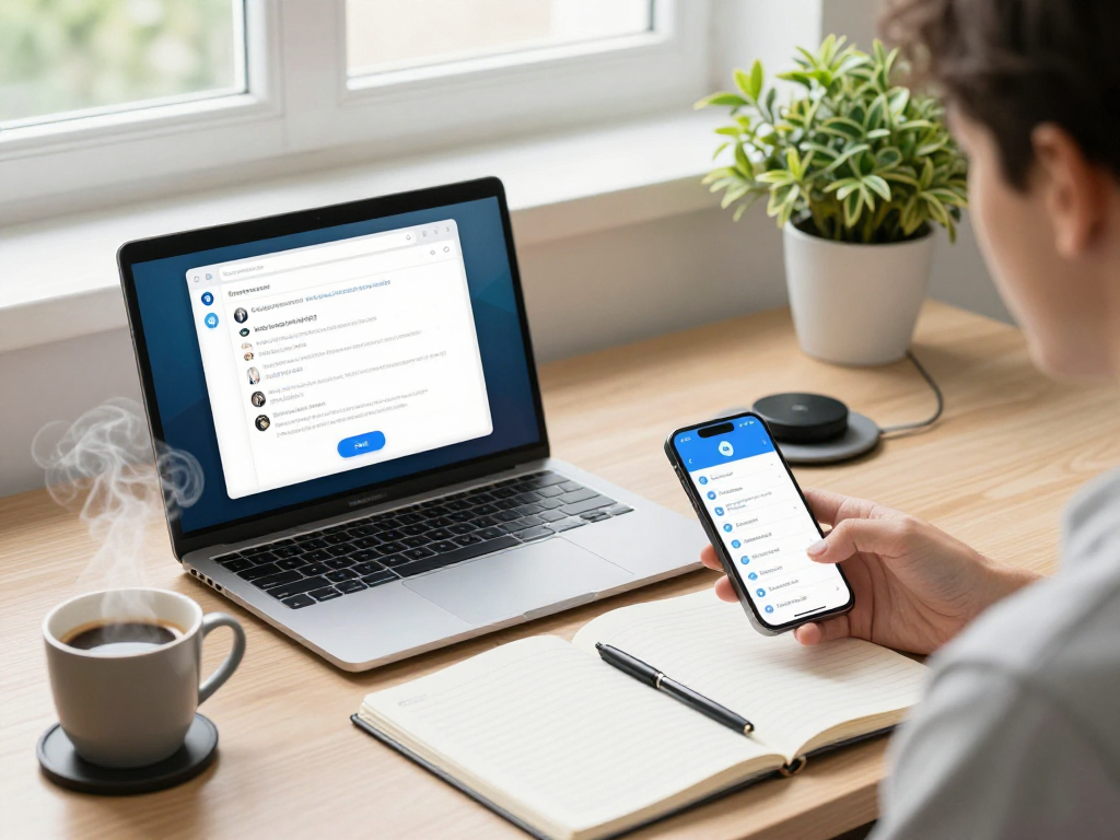 使用Telegram中文的现代办公桌面，展示多设备同步与即时通讯界面。
