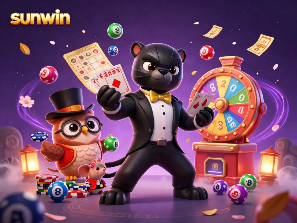 Experience sunwin gaming excitement with a stylish panther dealing cards and vibrant lottery balls.