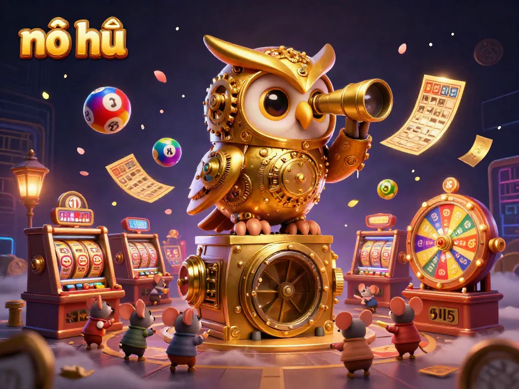 Engage in exhilarating nổ hũ gameplay with a vibrant casino scene featuring whimsical characters and exciting gaming elements.
