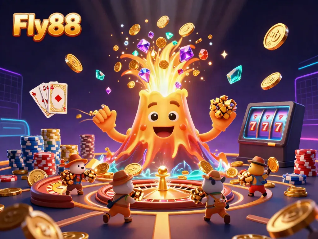 Engage with Fly88’s breathtaking 3D casino scene featuring a golden volcano and abundant treasures.
