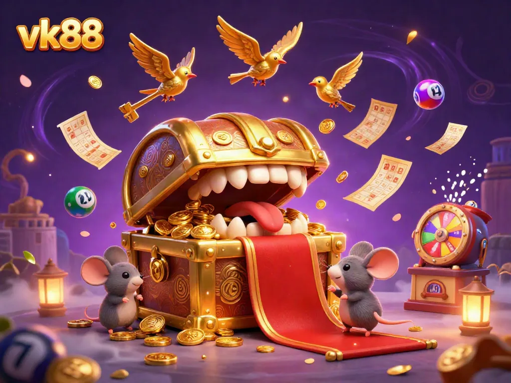 Engage with vk88's vibrant casino scene featuring a treasure chest lure and dynamic game elements.