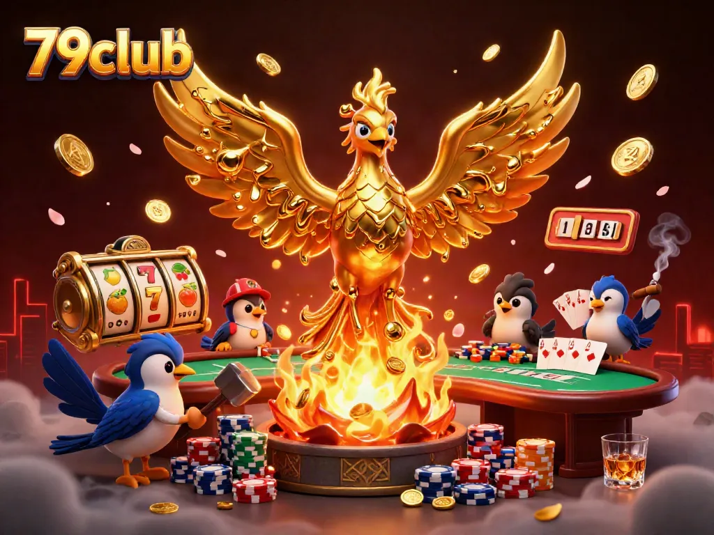 Experience the thrill of 79club with a dynamic scene of a phoenix amidst poker and jackpot elements.