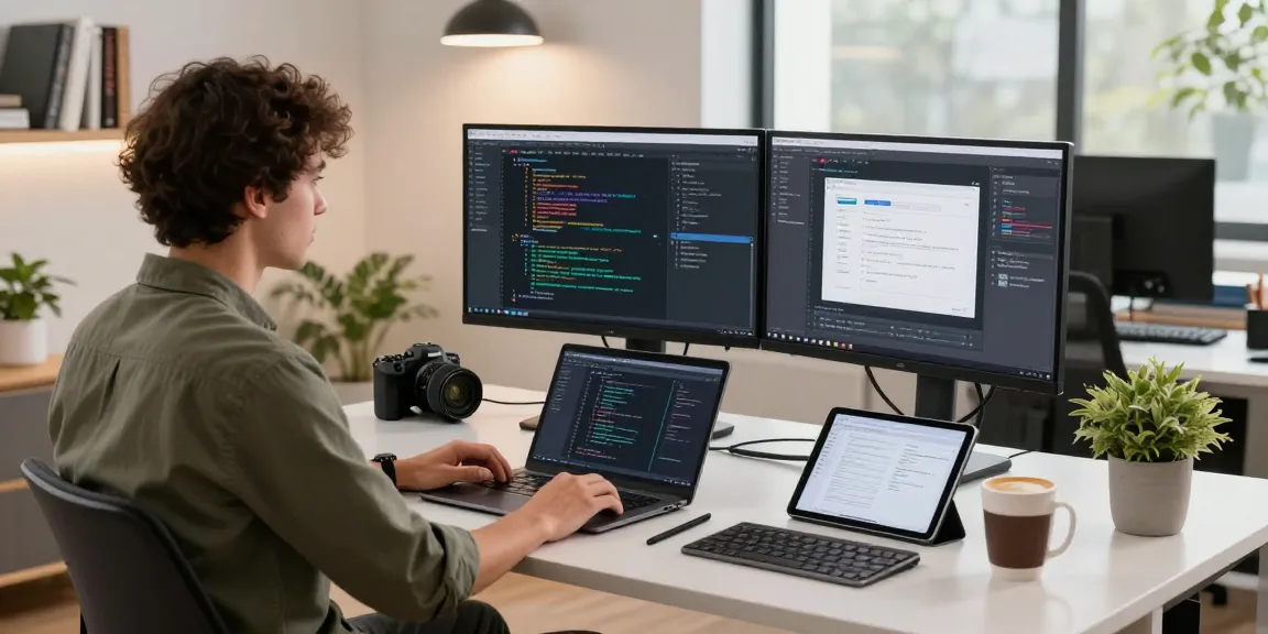Build internal tools with AI in a modern workspace with a developer coding at a desk, showcasing dual monitors and tech tools.