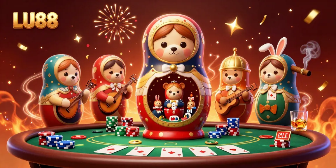 Engage with LU88's vibrant casino scene featuring cartoon bears and poker elements.