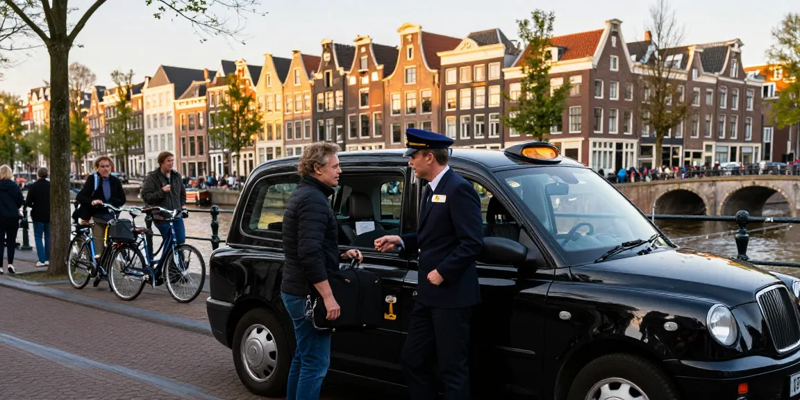 Taxi Amsterdam scene with a friendly driver welcoming a passenger into a comfortable cab by the canal.