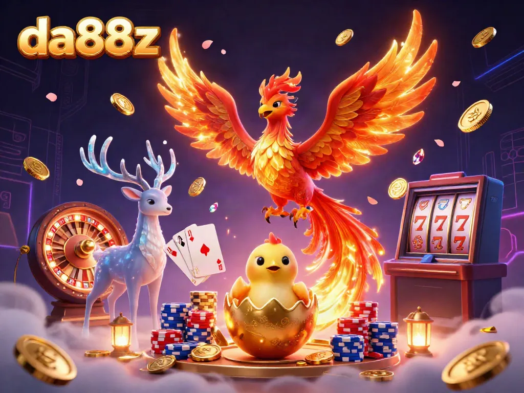 Engage in thrilling games at da88z featuring a majestic phoenix and vibrant casino elements.
