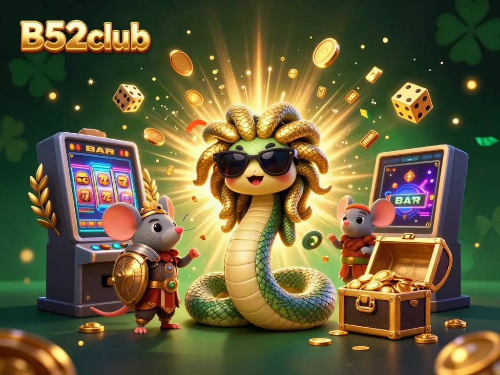 B52club presents a vibrant and dynamic casino scene featuring a cute Medusa, a warrior mouse, and a jackpot slot machine.