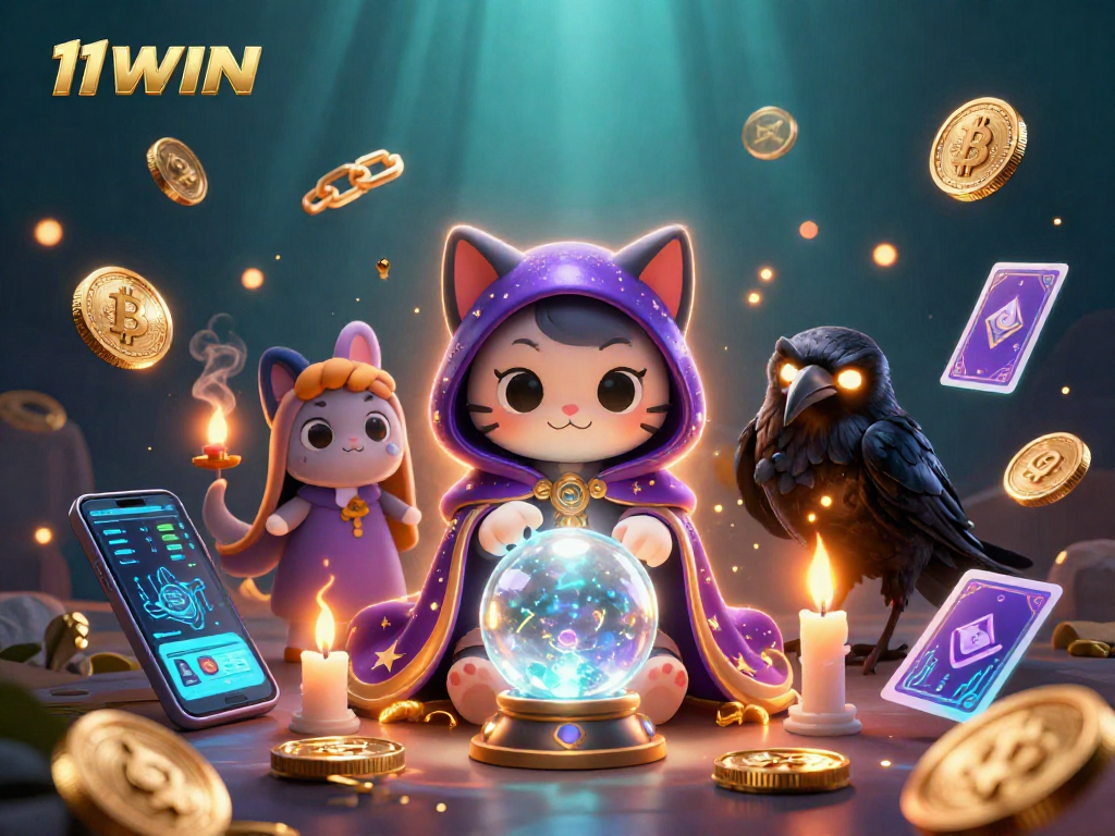 Experience thrilling gameplay at 11WIN with mystical characters among animated coins and casino elements.
