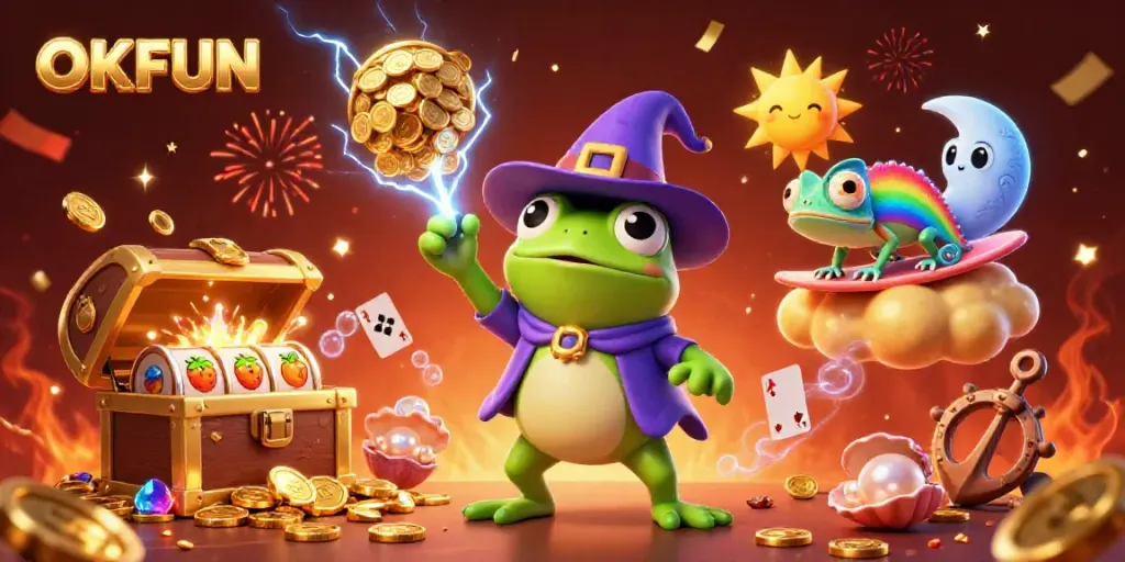 Experience the thrill of OKFUN with iconic slot reels and magical characters creating excitement!