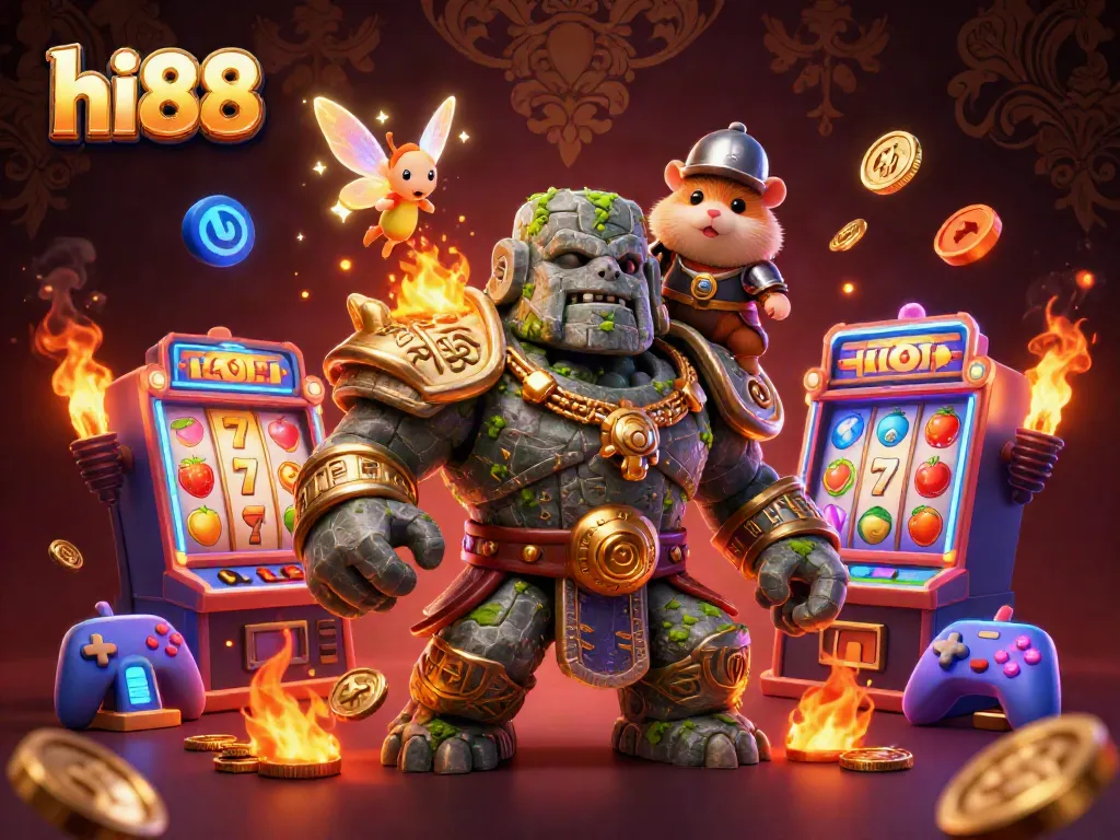 Spin the reels of hi88 with a mystical golem and fairy in a vibrant casino scene full of luck.